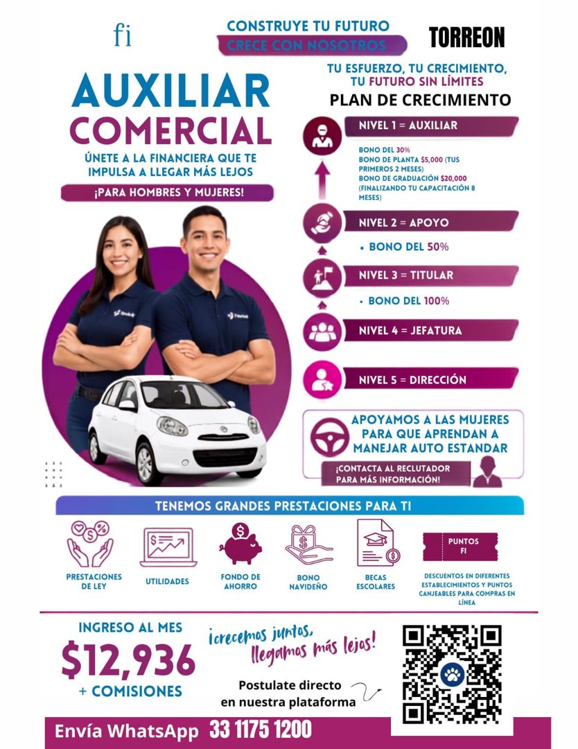 Banner del anuncio de la vacante: CONSTRUYE TU FUTURO · CRECE CON NOSOTROS · TORREON · TU ESFUERZO, TU CRECIMIENTO, · AUXILIAR · TU FUTURO SIN LIMITES · PLAN DE CRECIMIENTO ·