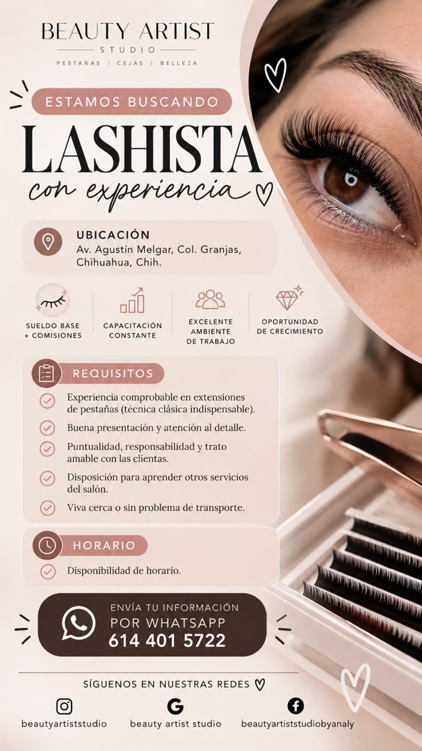 Banner del anuncio de la vacante: BEAUTY ARTIST · STUDIO · PESTAÑAS I CEJAS | BELLEZA · ESTAMOS BUSCANDO · LASHISTA · con experiencia v · UBICACIÓN · Av. Agustín Melgar, Col.