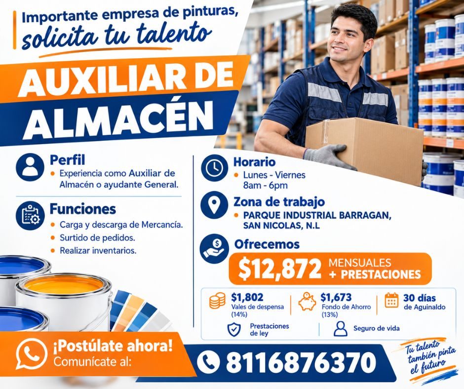 Banner del anuncio de la vacante: Importante empresa de pinturas, · solicita tu talento · AUXILIAR DE · ALMACÉN · Perfil · • Experiencia como Auxiliar de · Almacén o ayudante