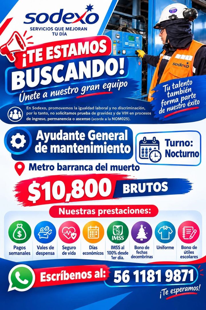 Banner del anuncio de la vacante: sodex · SERVICIOS QUE MEJORAN · TU DÍA · VITE ESTAMOS · BUSCANDO! · Unete a nuestro gran equipo · En Sodexo, promovemos la igualdad laboral 