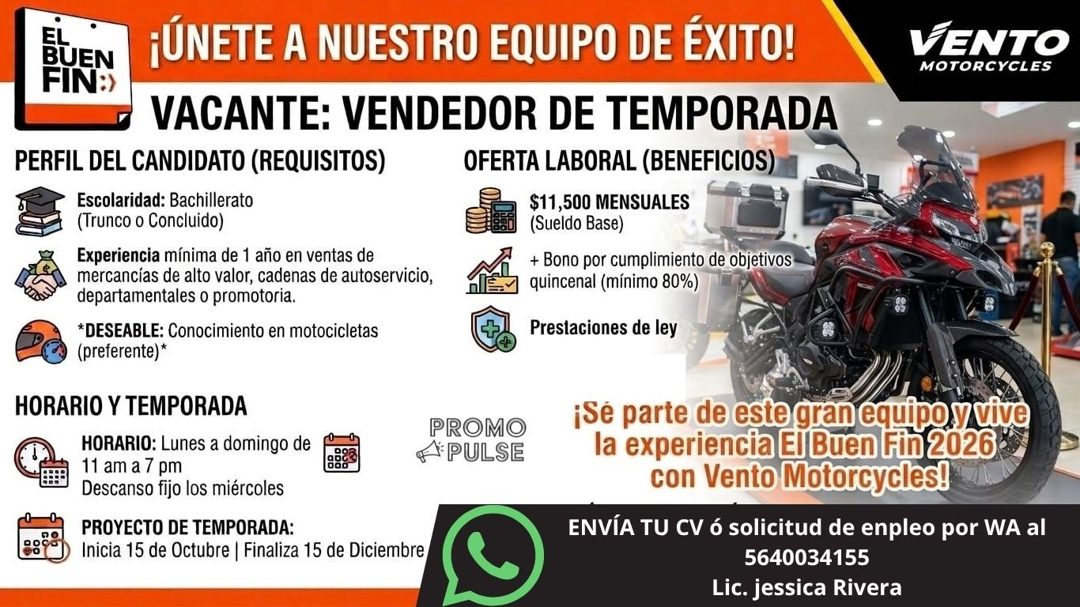 Banner del anuncio de la vacante: EL · BUEN · FIN:› · ¡ÚNETE A NUESTRO EQUIPO DE ÉXITO! · VACANTE: VENDEDOR DE TEMPORADA · PERFIL DEL CANDIDATO (REQUISITOS) · OFERTA LABORAL 