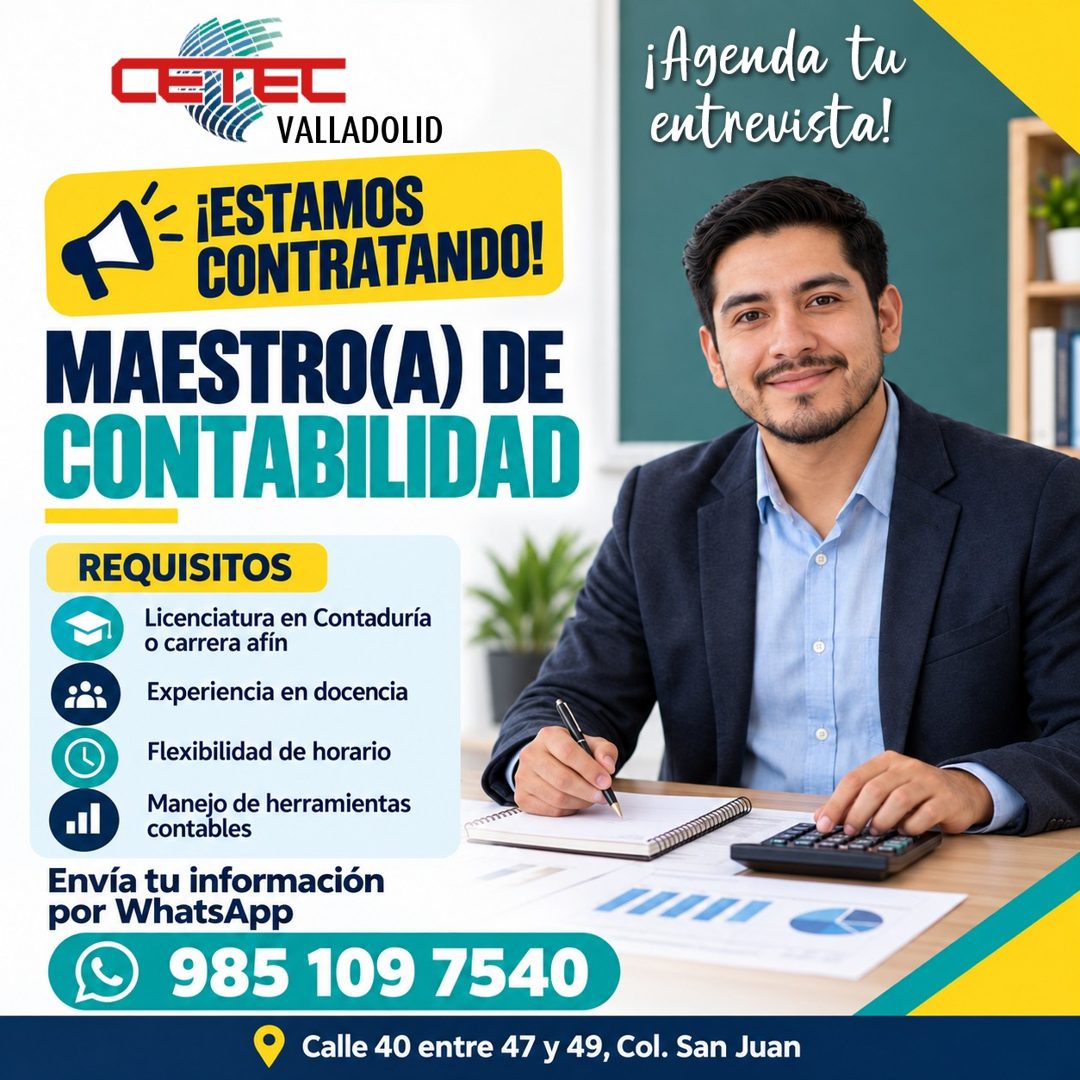 Banner del anuncio de la vacante: TERREC · VALLADOLID · ¡ESTAMOS · CONTRATANDO! · MAESTRO(A) DE · CONTABILIDAD · REQUISITOS · Licenciatura en Contaduría · o carrera afín · Ex