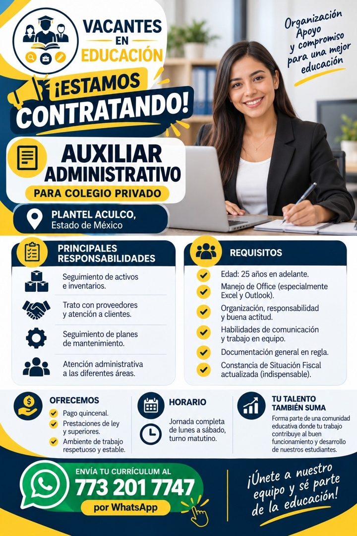 Banner del anuncio de la vacante: VACANTES · EN · EDUCACIÓN · ¡ESTAMOS · CONTRATANDO! · Organización · Apoyo · y compromiso · para una mejor · educación · AUXILIAR · ADMINIST