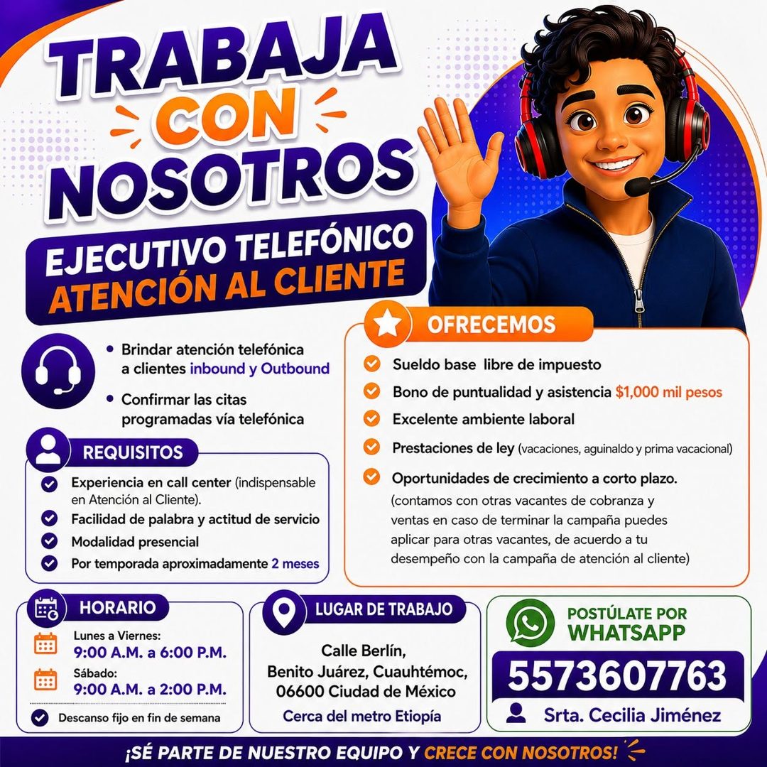 Banner del anuncio de la vacante: TRABAJA · = CON · NOSOTROS · EJECUTIVO TELEFÓNICO · ATENCIÓN AL CLIENTE · OFRECEMOS · Brindar atención telefónica · a clientes inbound y Out