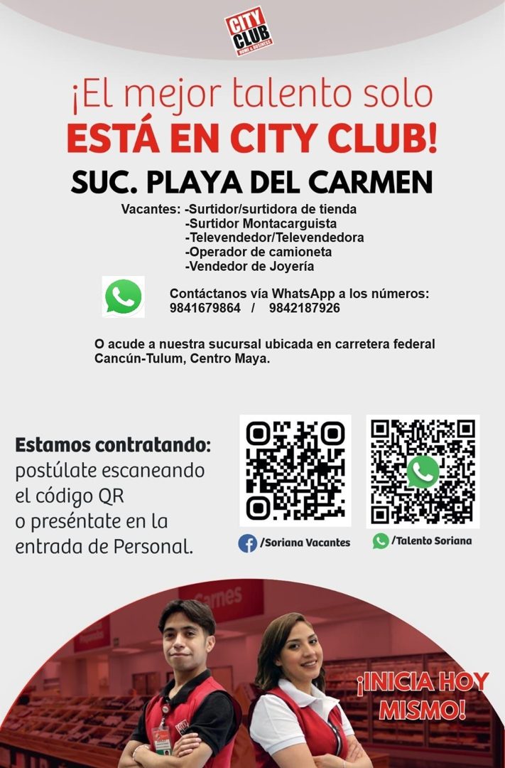 Banner del anuncio de la vacante: CIT · CLUB · ¡El mejor talento solo · ESTÁ EN CITY CLUB! · SUC. PLAYA DEL CARMEN · Vacantes: -Surtidor/surtidora de tienda · -Surtidor Monta