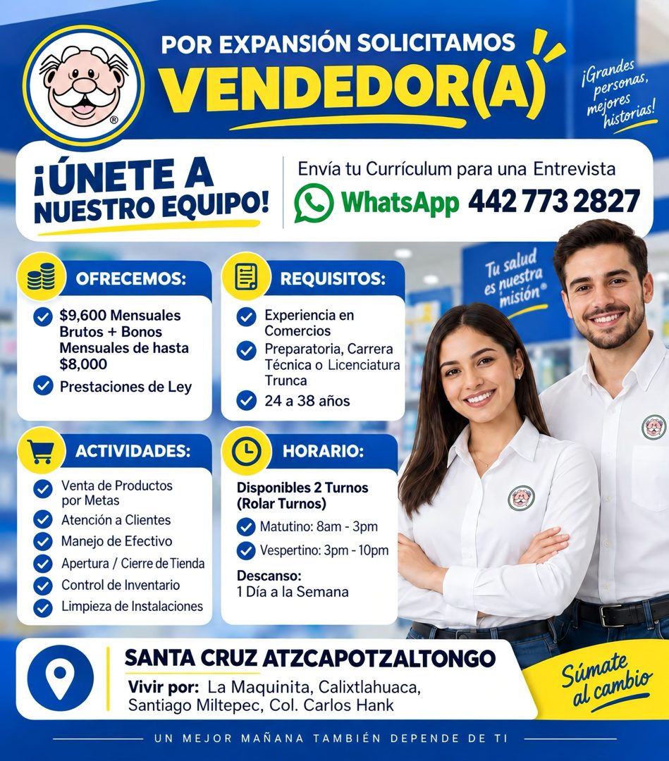 Banner del anuncio de la vacante: POR EXPANSIÓN SOLICITAMOS · ® · VENDEDOR (A) · HÚNETE A · NUESTRO EQUIPO! · ¡Grandes · personas, · mejores · historias! · OFRECEMOS: · $9,60