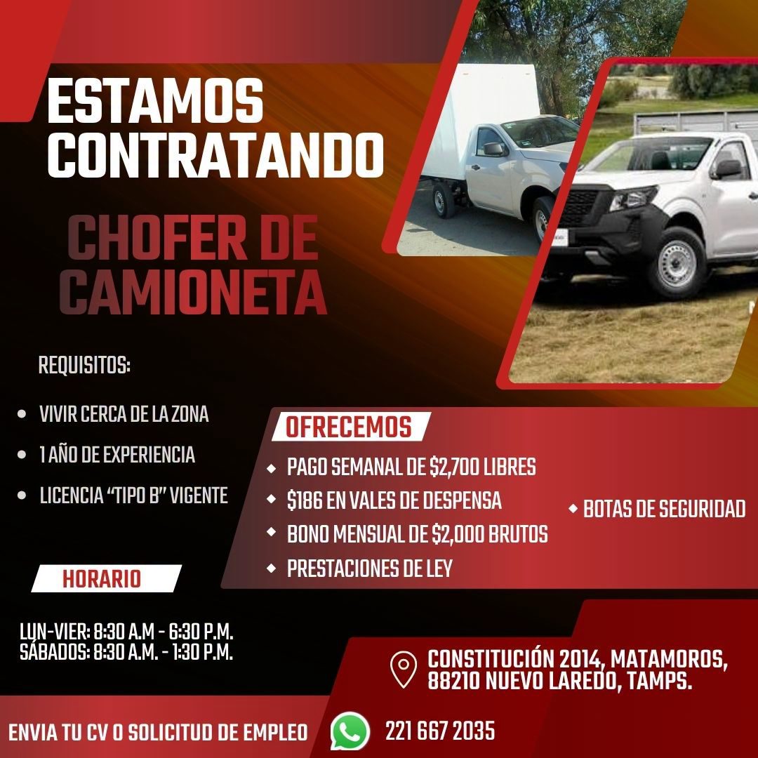 Banner del anuncio de la vacante: ESTAMOS · CONTRATANDO · CHOFER DE · CAMIONETA · REQUISITOS: · • VIVIR CERCA DE LA ZONA · • 1AÑO DE EXPERIENCIA · • LICENCIA "TIPO B" VIGENTE