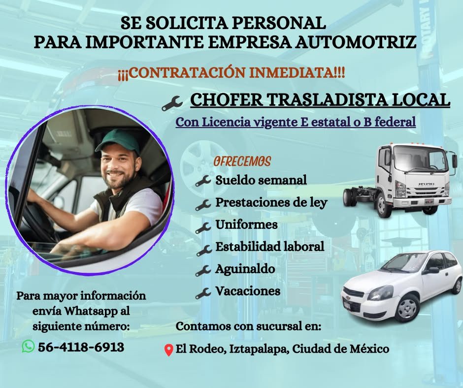 Banner del anuncio de la vacante: SE SOLICITA PERSONAL · PARA IMPORTANTE EMPRESA AUTOMOTRIZ · ¡¡¡CONTRATACIÓN INMEDIATA!!! · * CHOFER TRASLADISTA LOCAL · Con Licencia vigente