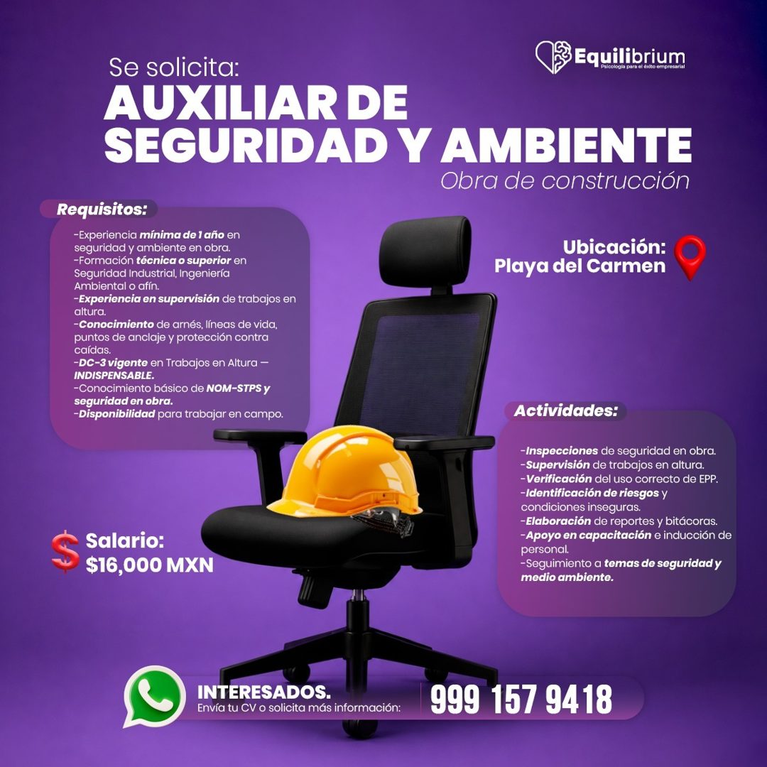 Banner del anuncio de la vacante: Se solicita: · Equilibrium · cología para el éxito empresar · AUXILIAR DE · SEGURIDAD Y AMBIENTE · Obra de construcción · Requisitos: · -Exp