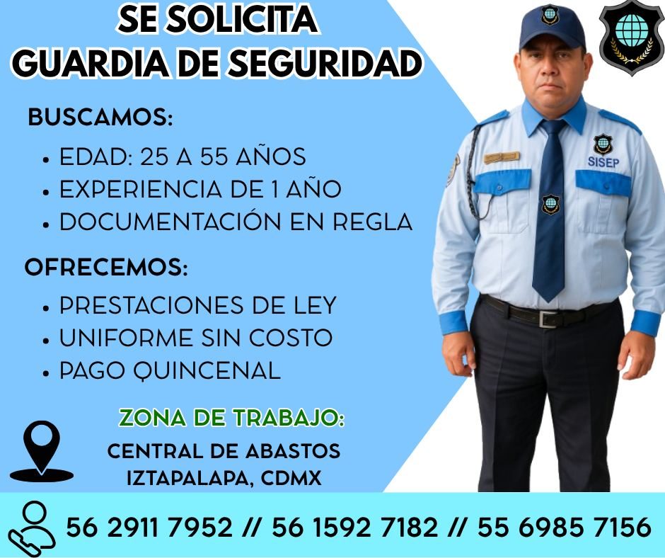 Banner del anuncio de la vacante: SE SOLICITA · GUARDIA DE SEGURIDAD · BUSCAMOS: · • EDAD: 25 A 55 ANOS · • EXPERIENCIA DE 1 AÑO · • DOCUMENTACIÓN EN REGLA · OFRECEMOS: · • P