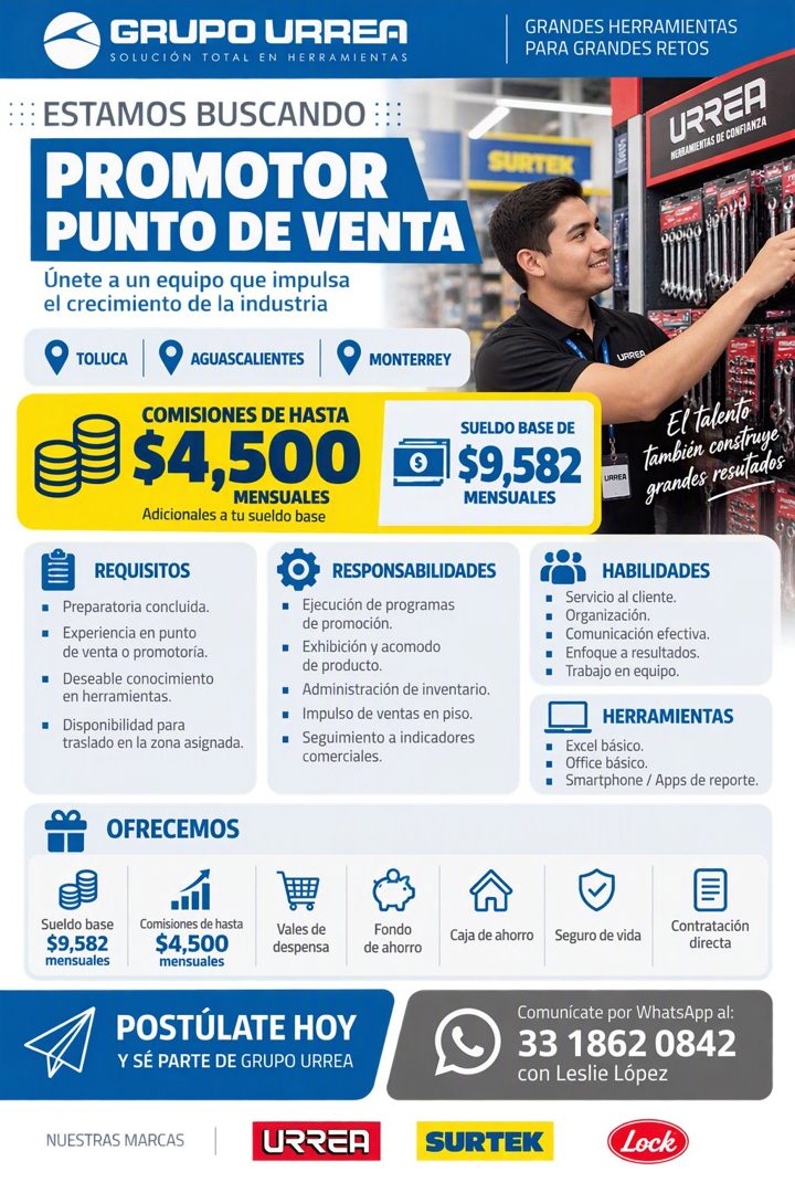 Banner del anuncio de la vacante: GRUPO URREN · SOLUCIÓN TOTAL EN HERRAMIENTAS · ESTAMOS BUSCANDO :: · PROMOTOR · PUNTO DE VENTA · Unete a un equipo que impulsa · el crecimie