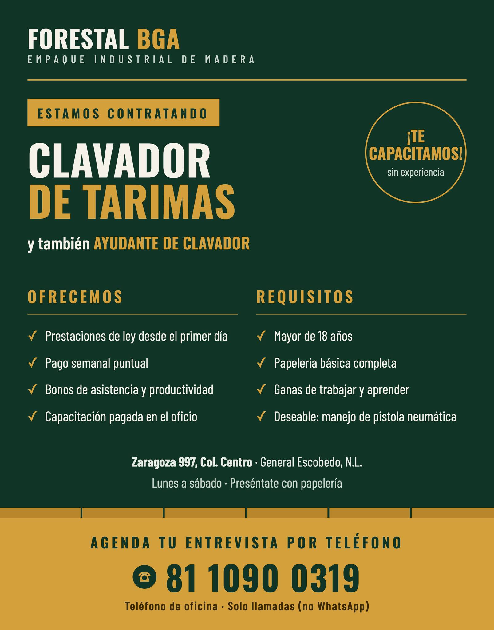 Banner del anuncio de la vacante: FORESTAL BGA · EMPAQUE INDUSTRIAL DE MADERA · ESTAMOS CONTRATANDO · CLAVADOR · DE TARIMAS · y también AYUDANTE DE CLAVADOR · iTE · CAPACITAM