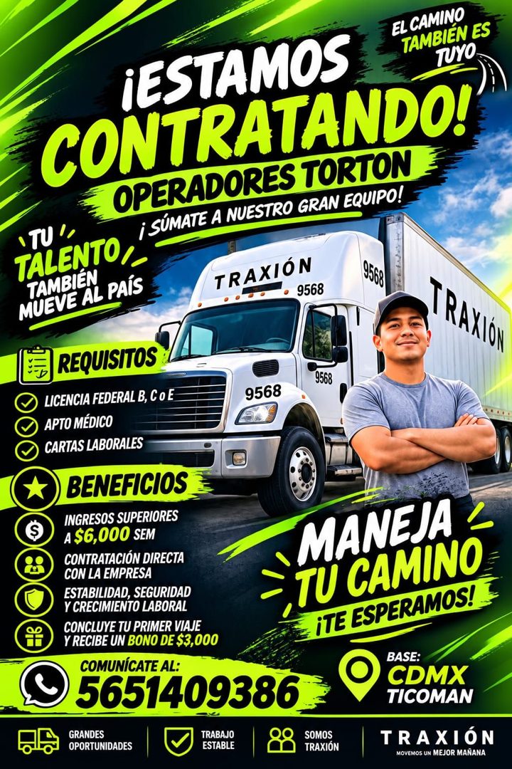 Banner del anuncio de la vacante: ¡ESTAMOS · EL CAMINO · TAMBIEN ES · TUYO · CONTRATANDO! · OPERADORES TORTON · •TU · ¡SÚMATE A NUESTRO GRAN EQUIPO! · TALENTO, · TAMBIÉN · MU