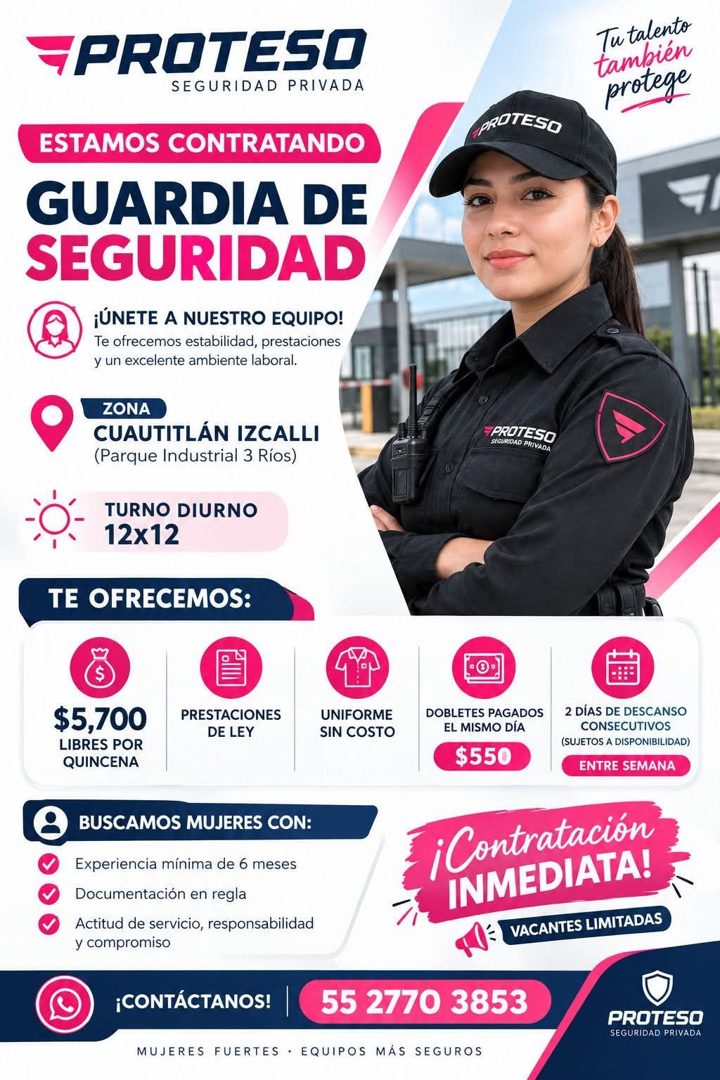 Banner del anuncio de la vacante: PROTESO · SEGURIDAD PRIVADA · ESTAMOS CONTRATANDO · GUARDIA DE · SEGURIDAD · ¡ÚNETE A NUESTRO EQUIPO! · Te ofrecemos estabilidad, prestacion