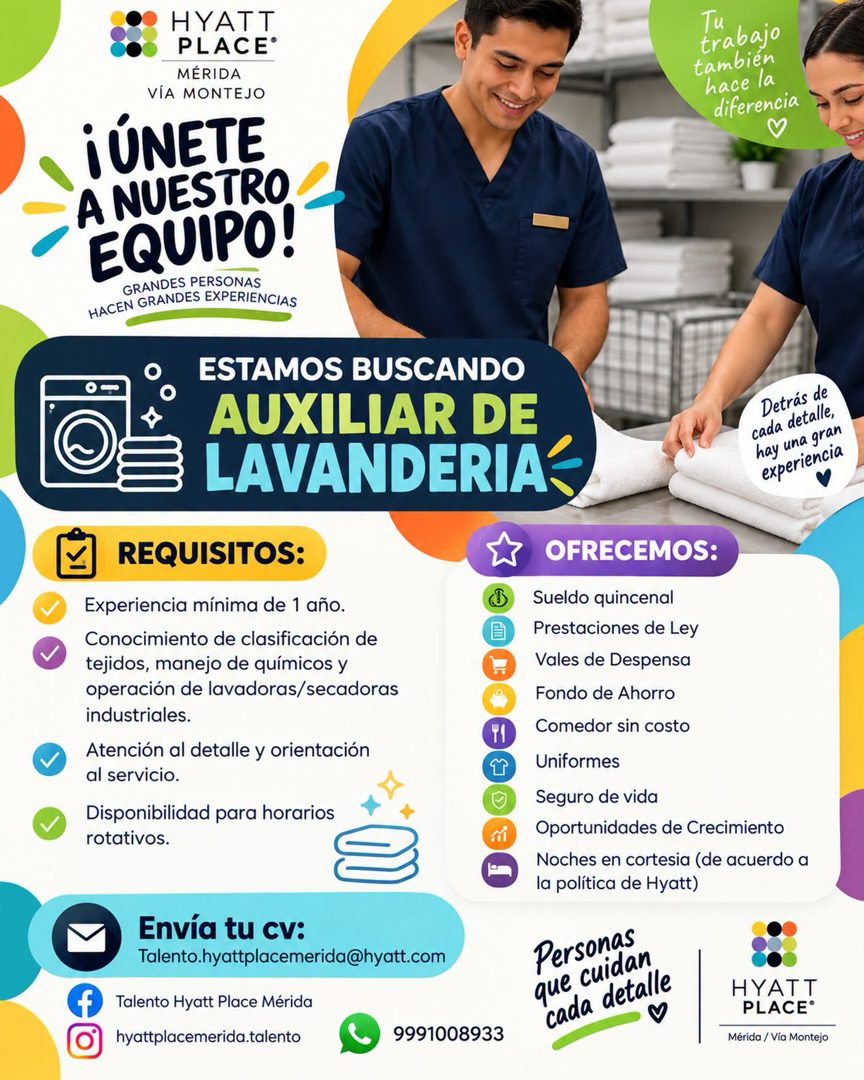Banner del anuncio de la vacante: HYATT · PLACE® · MÉRIDA · VIA MONTEJO · ¡ÚNETE · A NUESTRO · EQUIPO! · GRANDES PERSONAS · HACEN GRANDES EXPERIENCIAS · Tu · trabajo · tambié