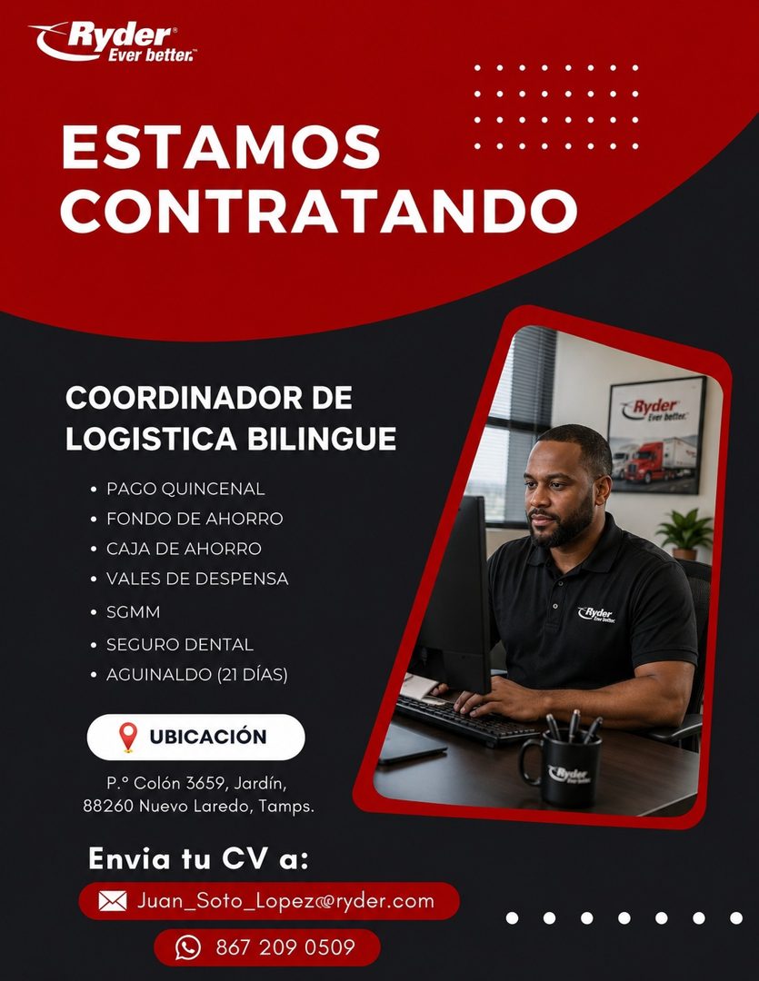 Banner del anuncio de la vacante: Ryder. · Ever better." · ESTAMOS · CONTRATANDO · COORDINADOR DE · LOGISTICA BILINGUE · • PAGO QUINCENAL · • FONDO DE AHORRO · • CAJA DE AHOR
