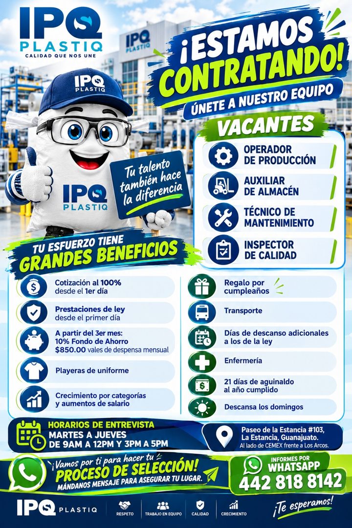 Banner del anuncio de la vacante: IPG · PLASTIQ · CALIDAD QUE NOS UNE · IPG · PLASTIC · IPO · PLASTIO · IP© · PLASTIQ · Tu talento · también hace · la diferencia · ¡ESTAMOS ·
