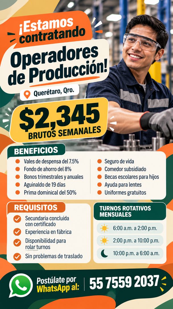 Banner del anuncio de la vacante: ¡Estamos · contratando · Operadores · de Producción! · Querétaro, Qro. · $2,345 · BRUTOS SEMANALES · BENEFICIOS · Vales de despensa del 7.5%