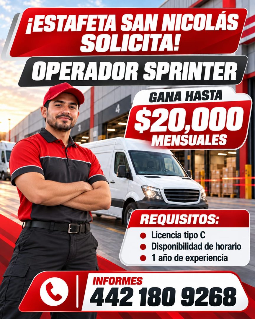 Banner del anuncio de la vacante: ¡ESTAFETA SAN NICOLÁS · SOLICITA! · OPERADOR SPRINTER · GANA HASTA · $20.000 · MENSUALES · REQUISITOS: · Licencia tipo C · Disponibilidad de