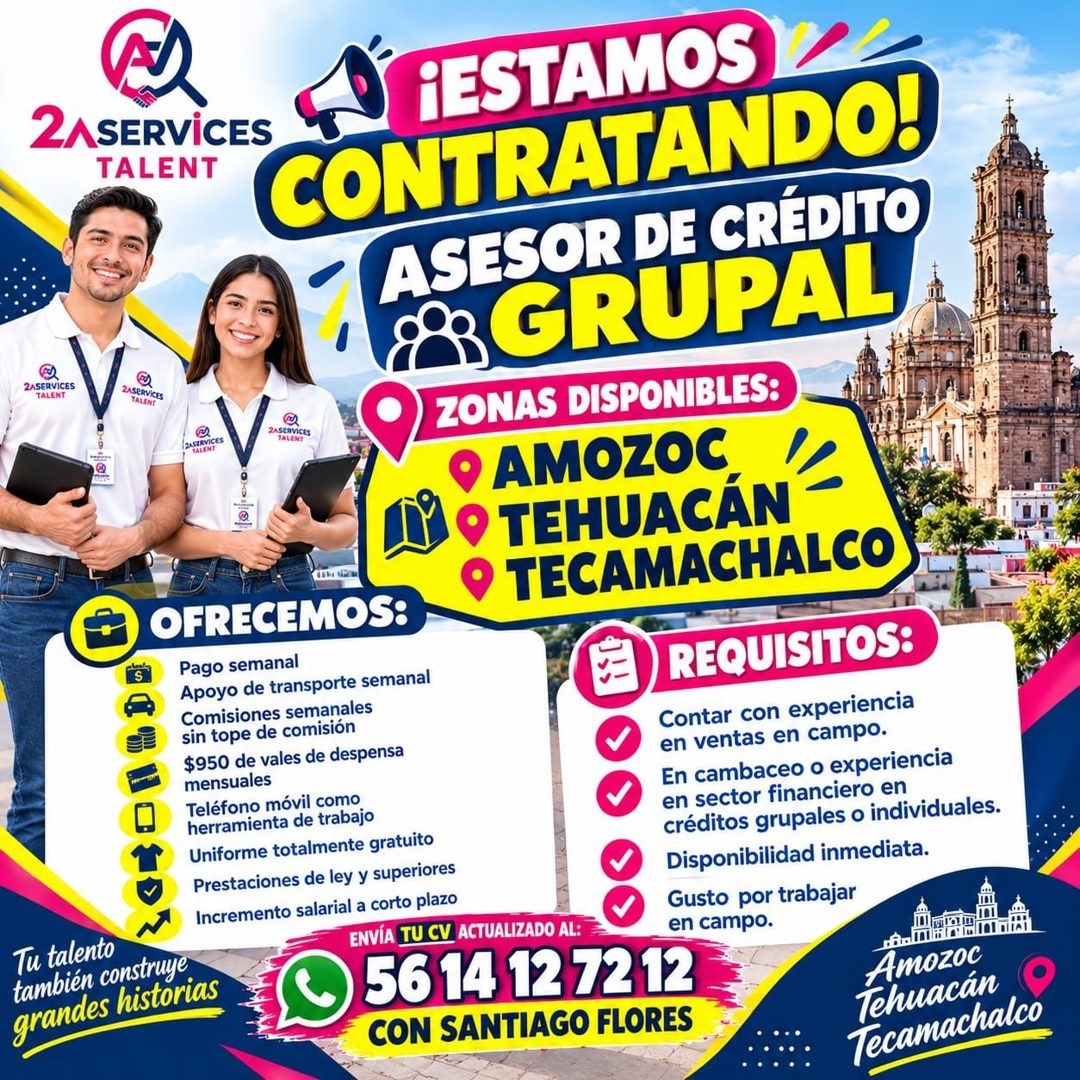 Banner del anuncio de la vacante: 2 SERViCES · ) ¡ESTAMOS · TALENT · CONTRATANDO! · 2ASERVICES · TALENT · 2ASeRVICES · TALENT · GRUPAL · ZASTRVICES · 2AseRVicEs · •ZONAS DISP