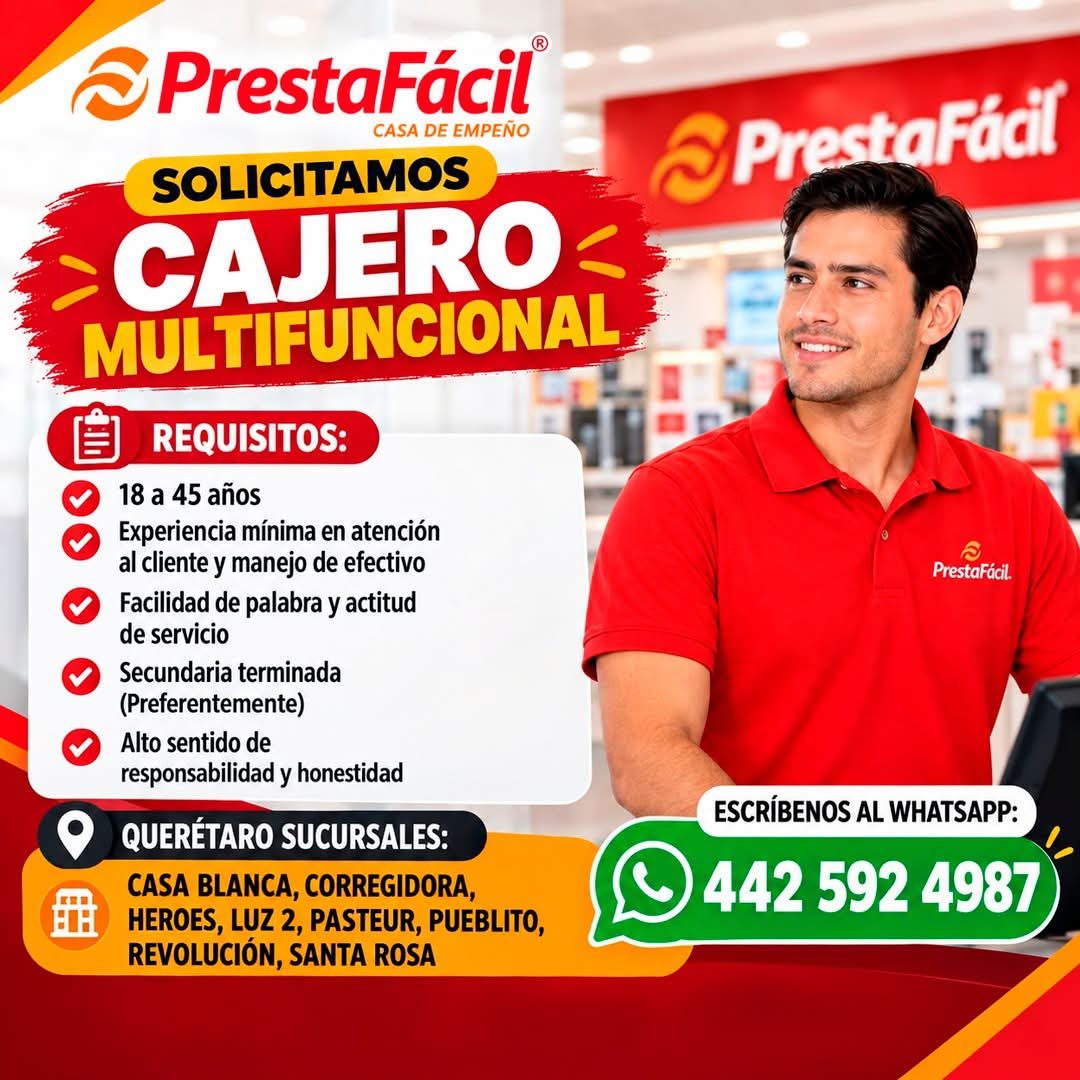 Banner del anuncio de la vacante: 3 PrestaFácil® · CASA DE EMPEÑO · SOLICITAMOS · CAJERO · MULTIFUNCIONAL · REQUISITOS: · 18 a 45 años · Experiencia mínima en atención · al c