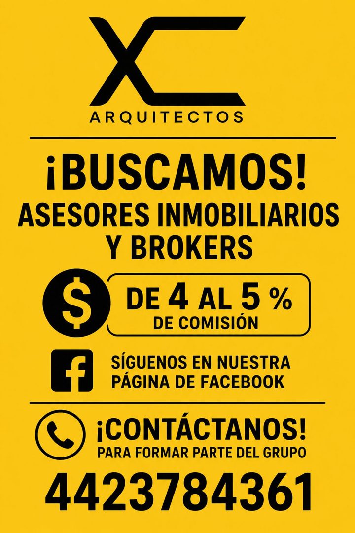 Banner del anuncio de la vacante: ARQUITECTOS · ¡BUSCAMOS! · ASESORES INMOBILIARIOS · Y BROKERS · $ · DE 4 AL 5% · DE COMISIÓN · SÍGUENOS EN NUESTRA · PÁGINA DE FACEBOOK · ¡C