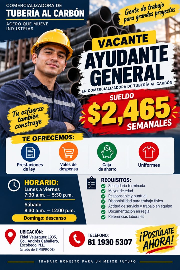 Banner del anuncio de la vacante: COMERCIALIZADORA DE · TUBERÍA AL CARBÓN · ACERO QUE MUEVE · INDUSTRIAS · Gente de trabajo · para grandes proyectos · Tu esfuerzo · también ·