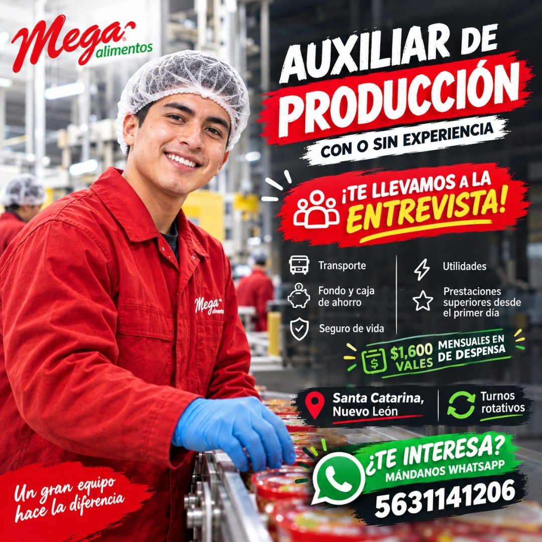 Banner del anuncio de la vacante: Megan · AUXILIAR DE · PRODUCCIÓN · CON O SIN EXPERIENCIA · ¡TE LLEVAMOS A LA · ENTREVISTA! · Mega · Un gran equipo · hace la diferencia · Tr