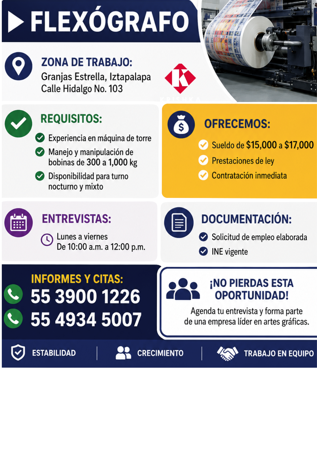 Banner del anuncio de la vacante: FLEXÓGRAFO · ZONA DE TRABAJO: · Granjas Estrella, Iztapalapa · Calle Hidalgo No. 103 · REQUISITOS: · Experiencia en máquina de torre · Manej