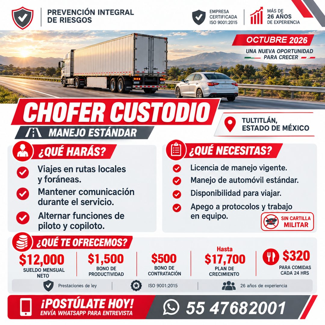 Banner del anuncio de la vacante: PREVENCIÓN INTEGRAL · DE RIESGOS · EMPRESA · CERTIFICADA · ISO 9001:2015 · MAS DE · 26 AÑOS · DE EXPERIENCIA · OCTUBRE 2026 · UNA NUEVA OPOR