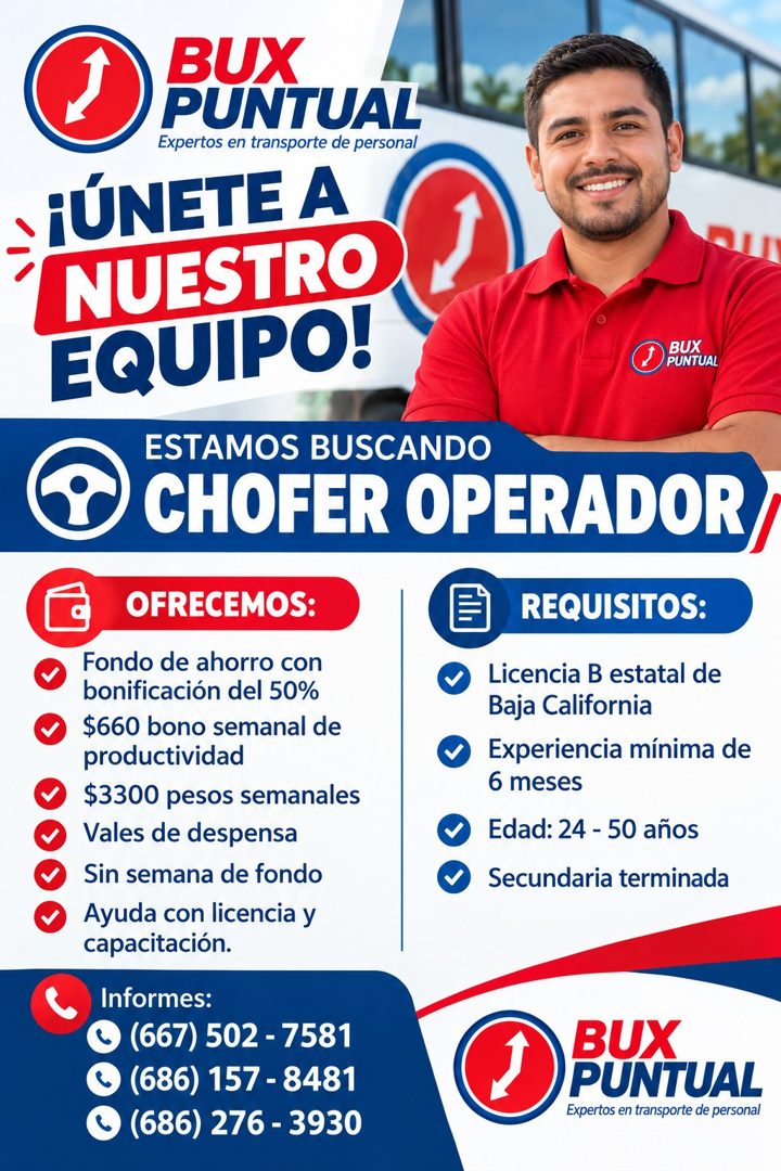 Banner del anuncio de la vacante: BUX · PUNTUAL · Expertos en transporte de personal · HÚNETE A · NUESTRO P · EQUIPO! · BUX · PUNTUAL · ESTAMOS BUSCANDO · CHOFER OPERADOR · O
