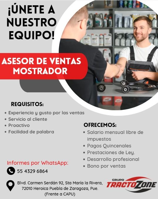 Banner del anuncio de la vacante: ¡ÚNETE A · NUESTRO · EQUIPO! · ASESOR DE VENTAS · MOSTRADOR · REQUISITOS: · • Experiencia y gusto por las ventas · • Servicio al cliente · •