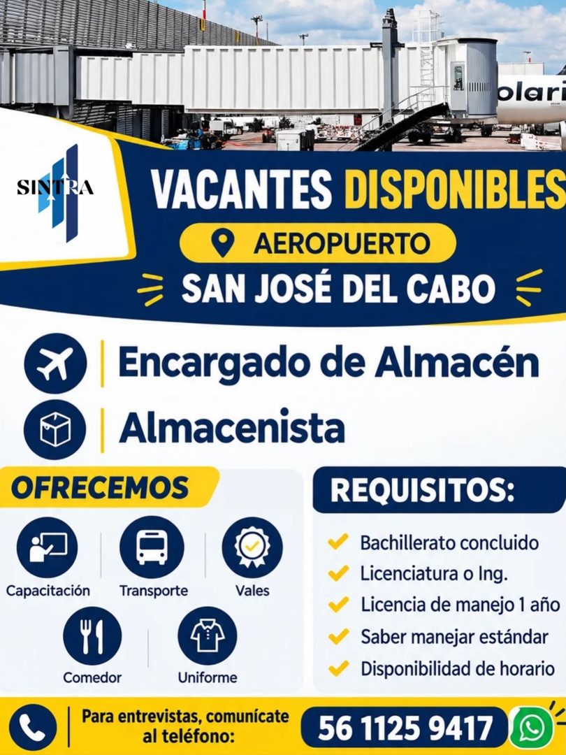 Banner del anuncio de la vacante: olari · SINTRA · VACANTES DISPONIBLES · • AEROPUERTO · SAN JOSÉ DEL CABO · Encargado de Almacén · Almacenista · OFRECEMOS · Capacitación · T