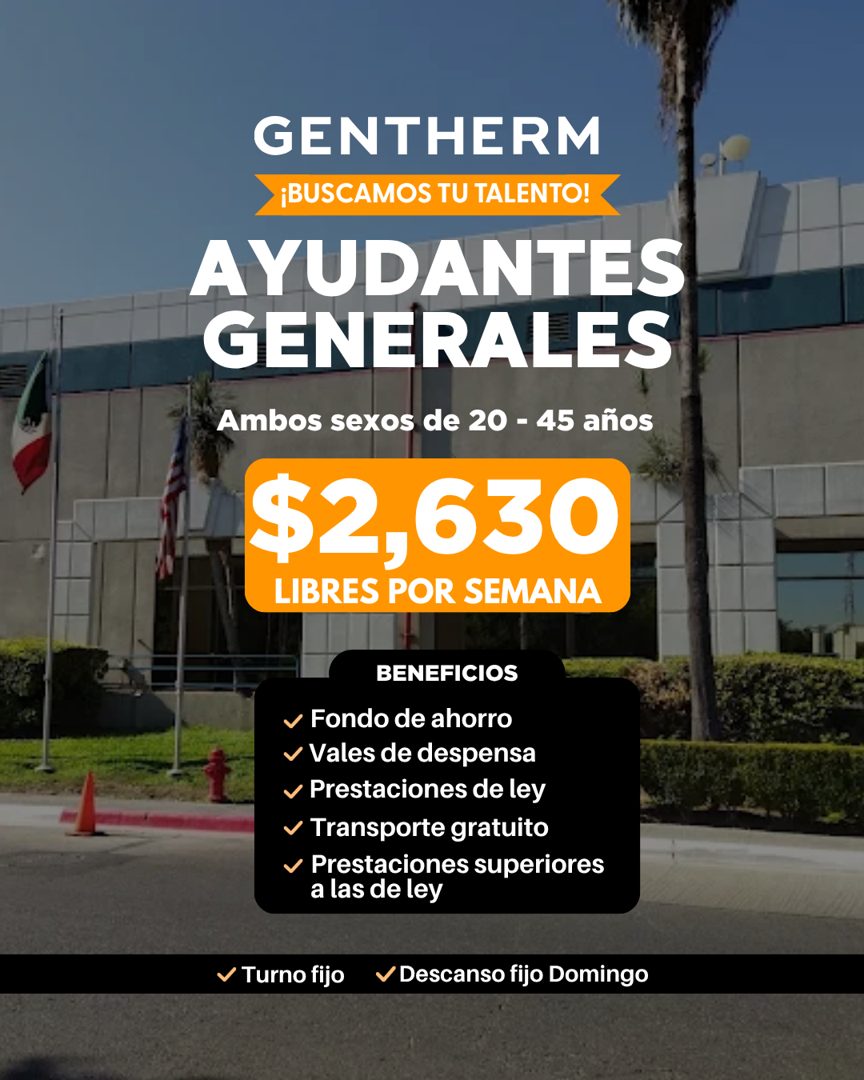 Banner del anuncio de la vacante: GENTHERM · ¡BUSCAMOS TU TALENTO! · AYUDANTES · GENERALES · Ambos sexos de 20 - 45 años · $2,630 · LIBRES POR SEMANA · BENEFICIOS · • Fondo d