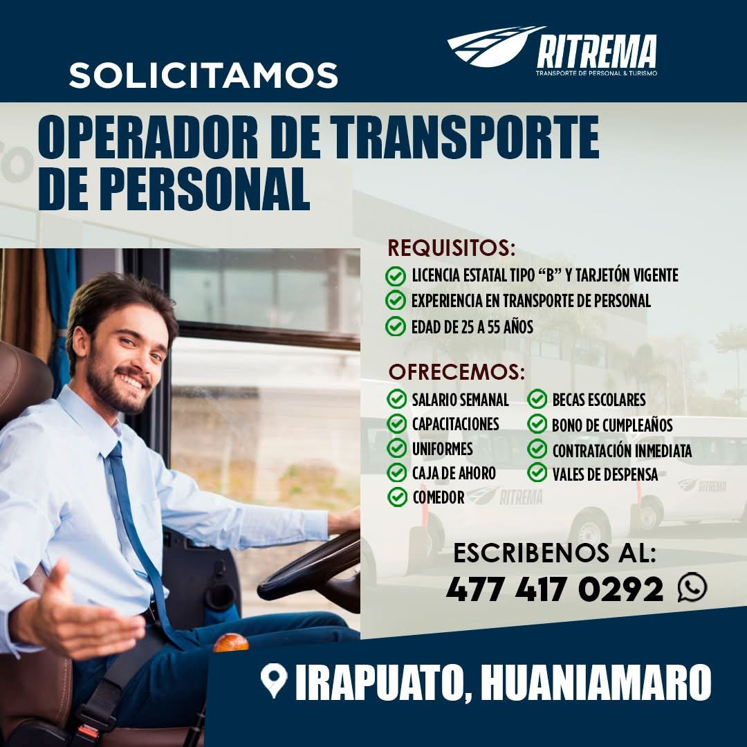 Banner del anuncio de la vacante: RITREMA · TRANSPORTE DE PERSONAL & TURISMO · SOLICITAMOS · OPERADOR DE TRANSPORTE · DE PERSONAL · REQUISITOS: · LICENCIA ESTATAL TIPO "B" Y 