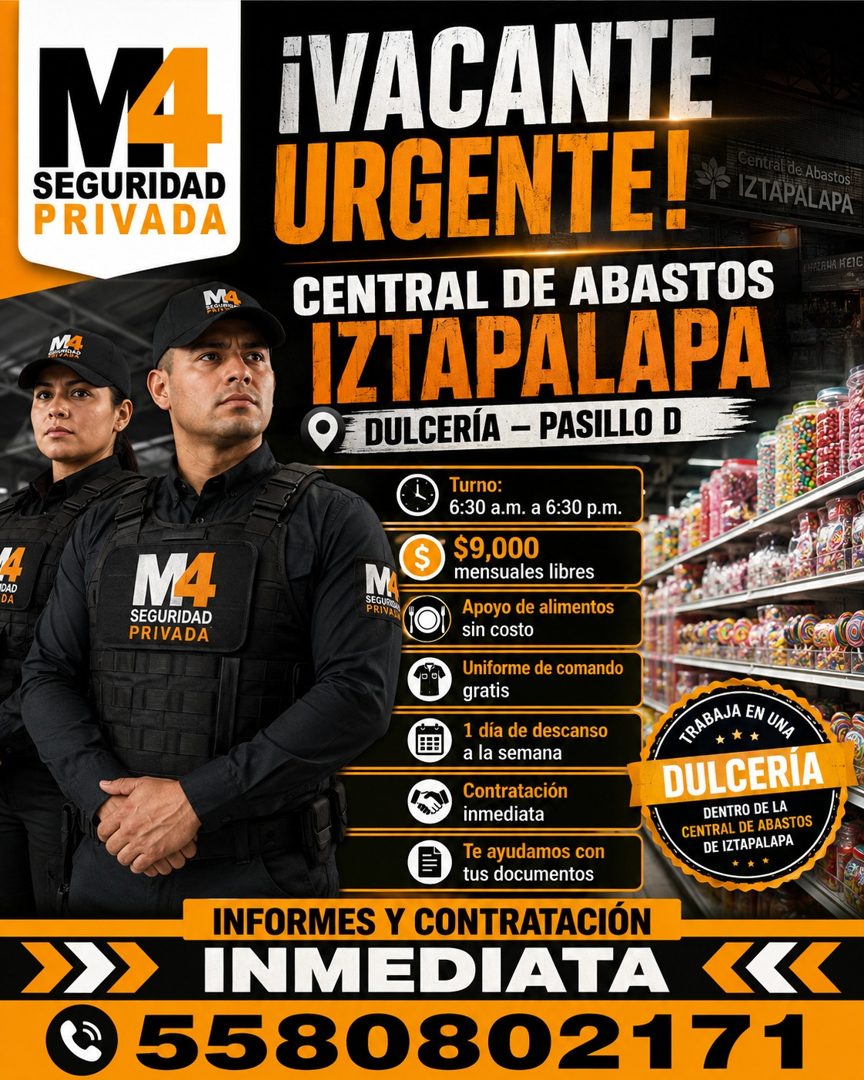 Banner del anuncio de la vacante: 4 · DAD · DA · SEGURIDAD · PRIVADA · MA · SEGURIDAD · PRIVADA · ¡VACANTE · URGENTE! · Gentral de Abastos · P IZTAPALAPA · CENTRAL DE ABASTOS