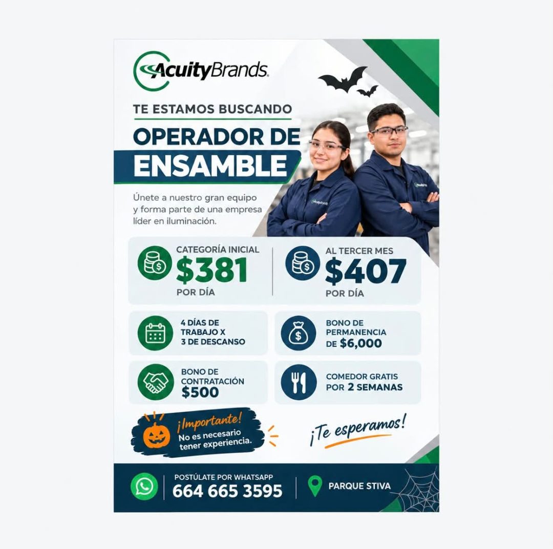 Banner del anuncio de la vacante: AcuityBrands. · TE ESTAMOS BUSCANDO · OPERADOR DE · ENSAMBLE · Únete a nuestro gran equipo · y forma parte de una empresa · líder en ilumina