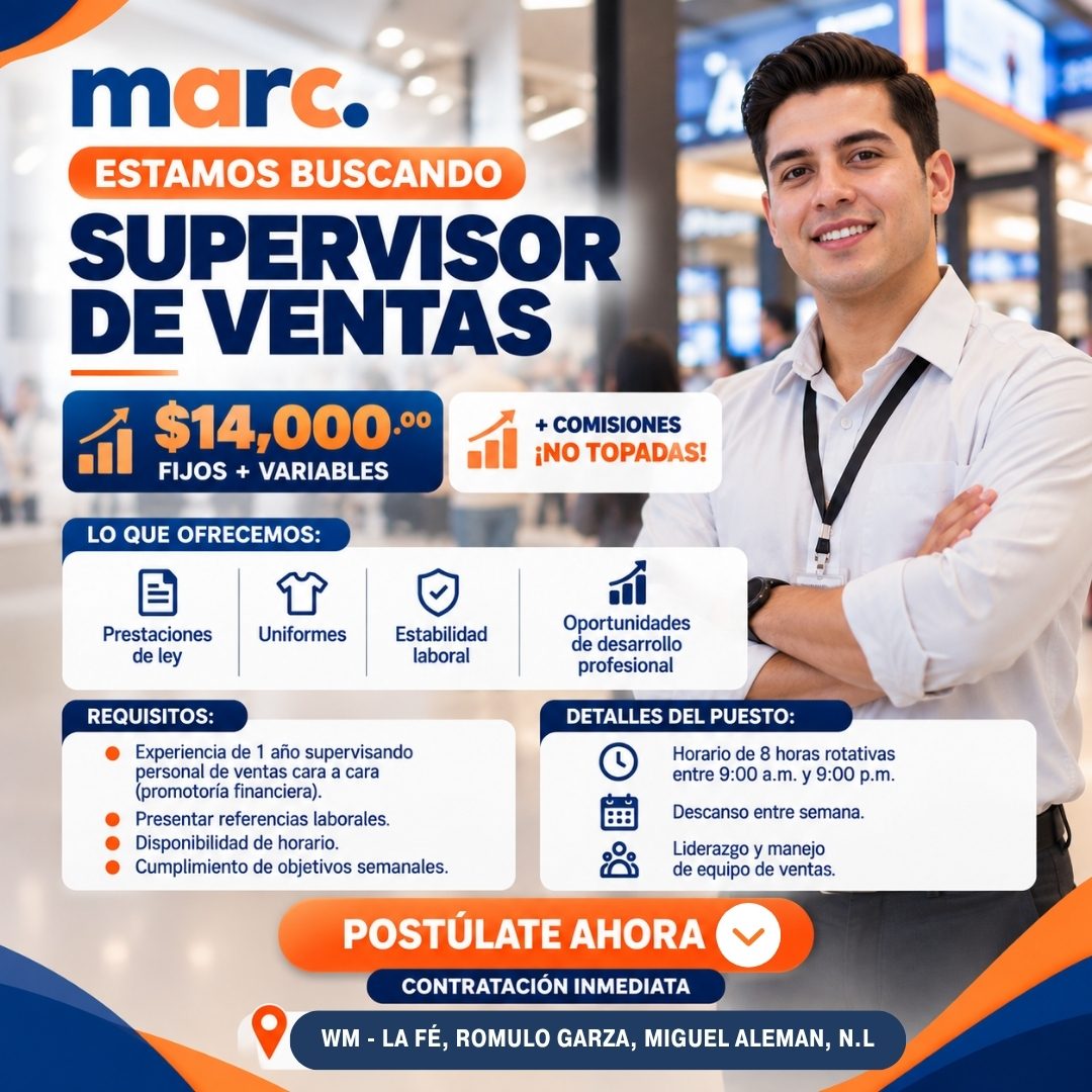 Banner del anuncio de la vacante: marc. · ESTAMOS BUSCANDO · SUPERVISOR · DE VENTAS · $14,000.°0 · FIJOS + VARIABLES · LO QUE OFRECEMOS: · + COMISIONES · ¡NO TOPADAS! · Prest