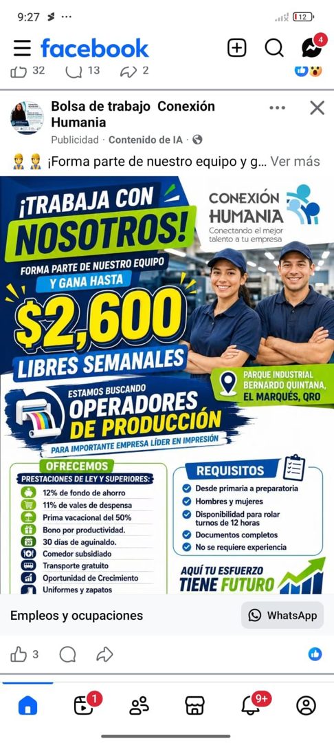 Banner del anuncio de la vacante: 9:27 >•• · facebook · 32 · 1131 · 2 · Bolsa de trabajo Conexión · Humania · Publicidad • Contenido de lA • · ¡Forma parte de nuestro equipo 