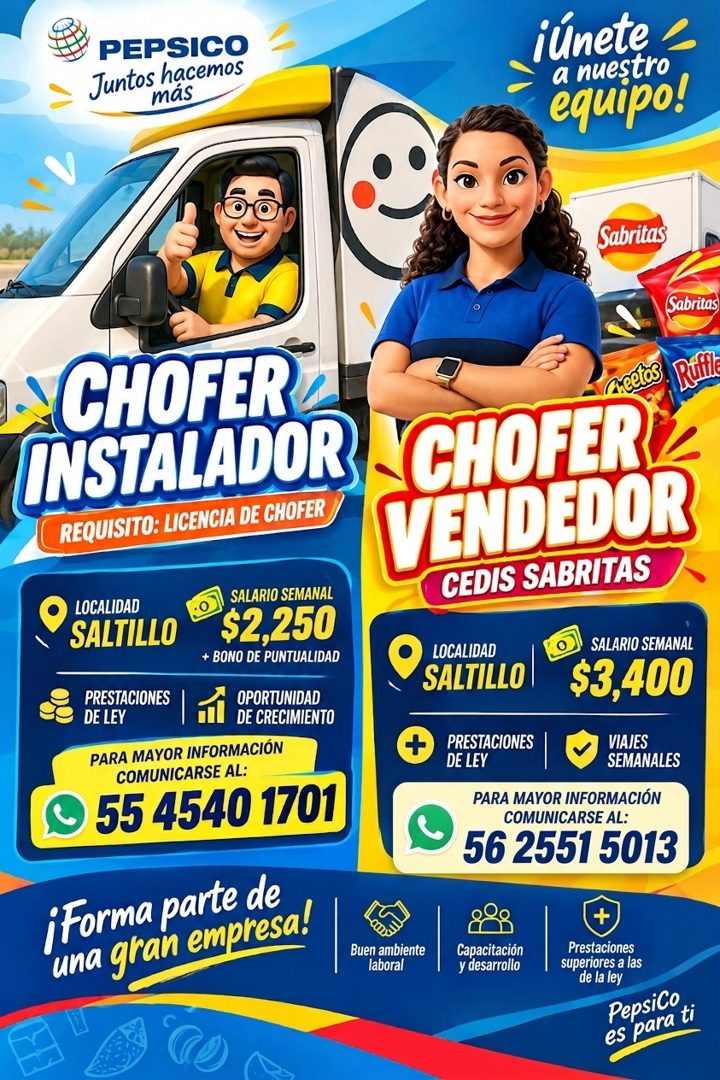 Banner del anuncio de la vacante: PEPSICO · Juntos hacemos · más · únete · a nuestro · equipo! · Sabritas · Sabritas · CHOFER · INSTALADOR · REQUISITO: LICENCIA DE CHOFER · m