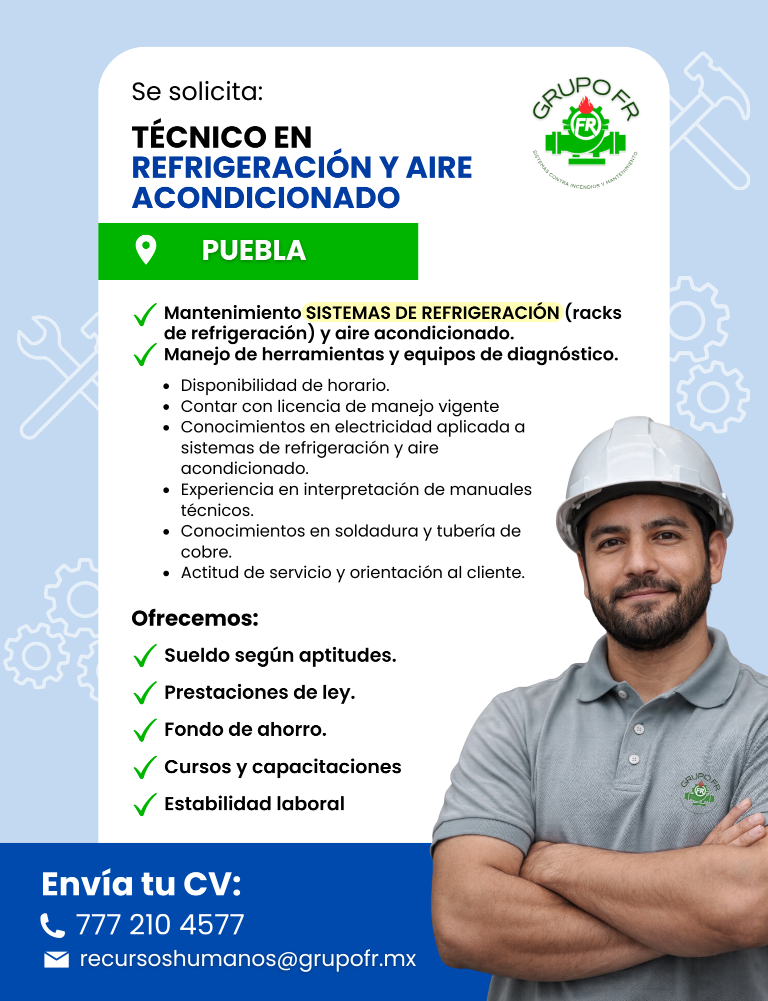Banner del anuncio de la vacante: Se solicita: · TÉCNICO EN · REFRIGERACIÓN Y AIRE · ACONDICIONADO · PUEBLA · Mantenimiento SISTEMAS DE REFRIGERACIÓN (racks · de refrigeració