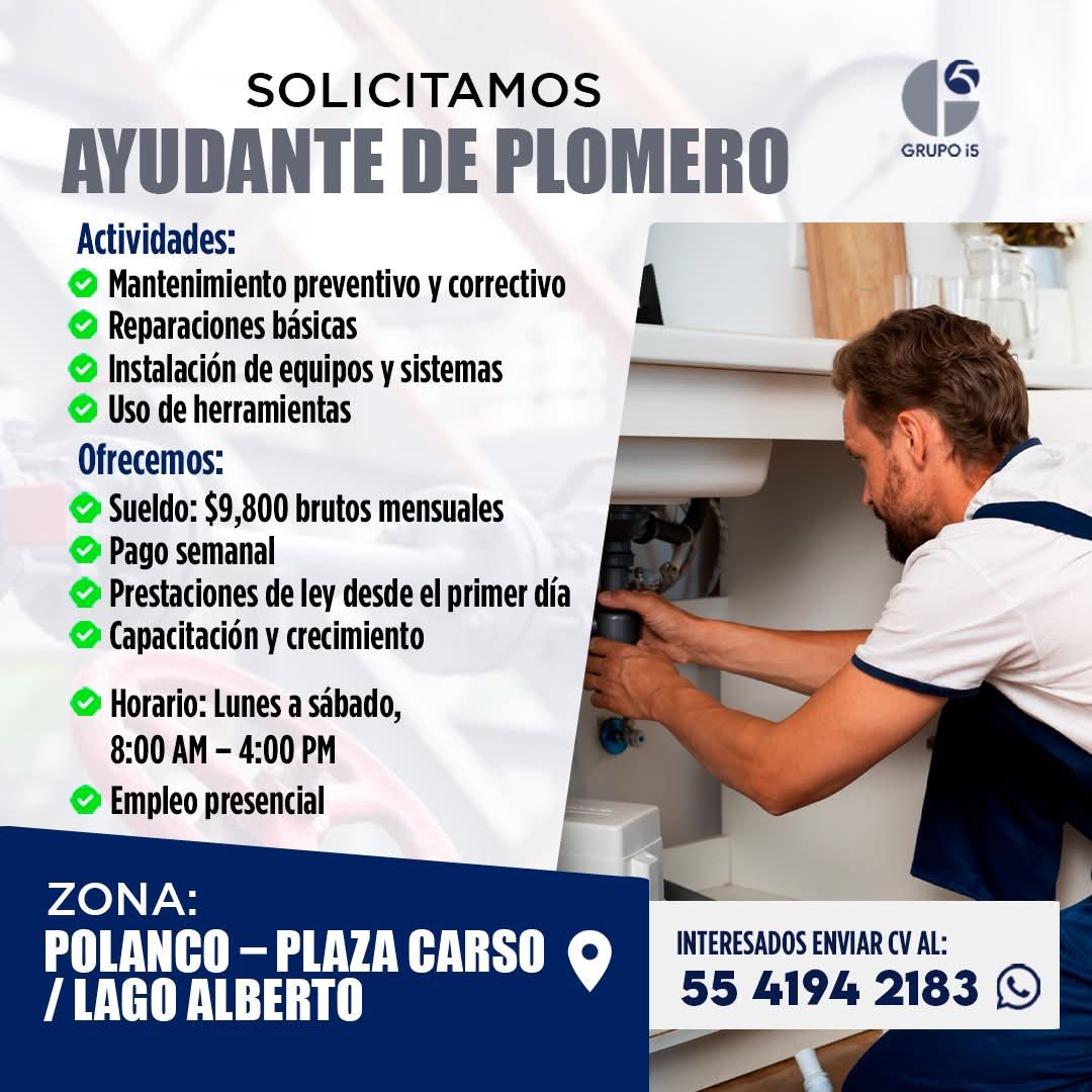 Banner del anuncio de la vacante: SOLICITAMOS · AYUDANTE DE PLOMERO · Actividades: · • Mantenimiento preventivo y correctivo · • Reparaciones básicas · Instalación de equipos