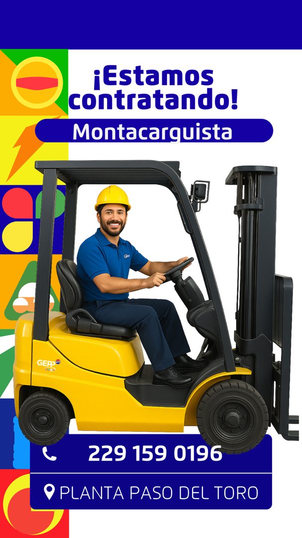 Banner del anuncio de la vacante: ¡Estamos · contratando! · Montacarquista · 229 159 0196 · © PLANTA PASO DEL TORO