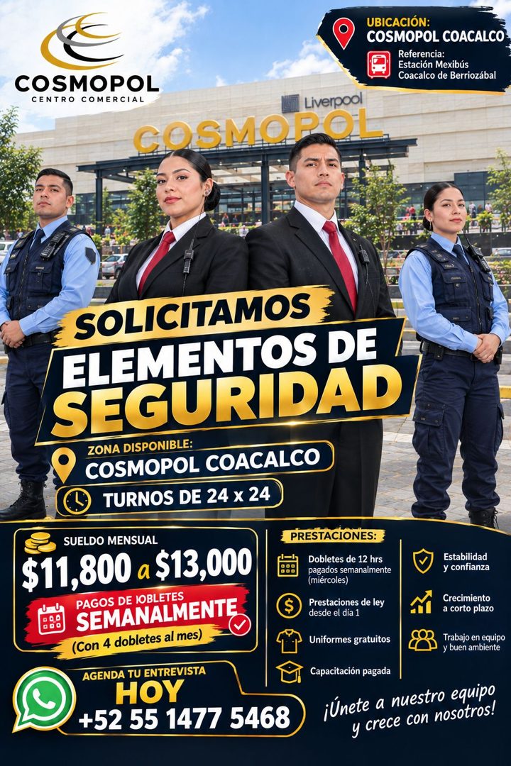 Banner del anuncio de la vacante: UBICACIÓN: · COSMOPOL COACALCO - · Referencia: · Estación Mexibus · Coacalco de Berriozábal · COSMOPOL · CENTRO COMERCIAL · Liverpool · COSM