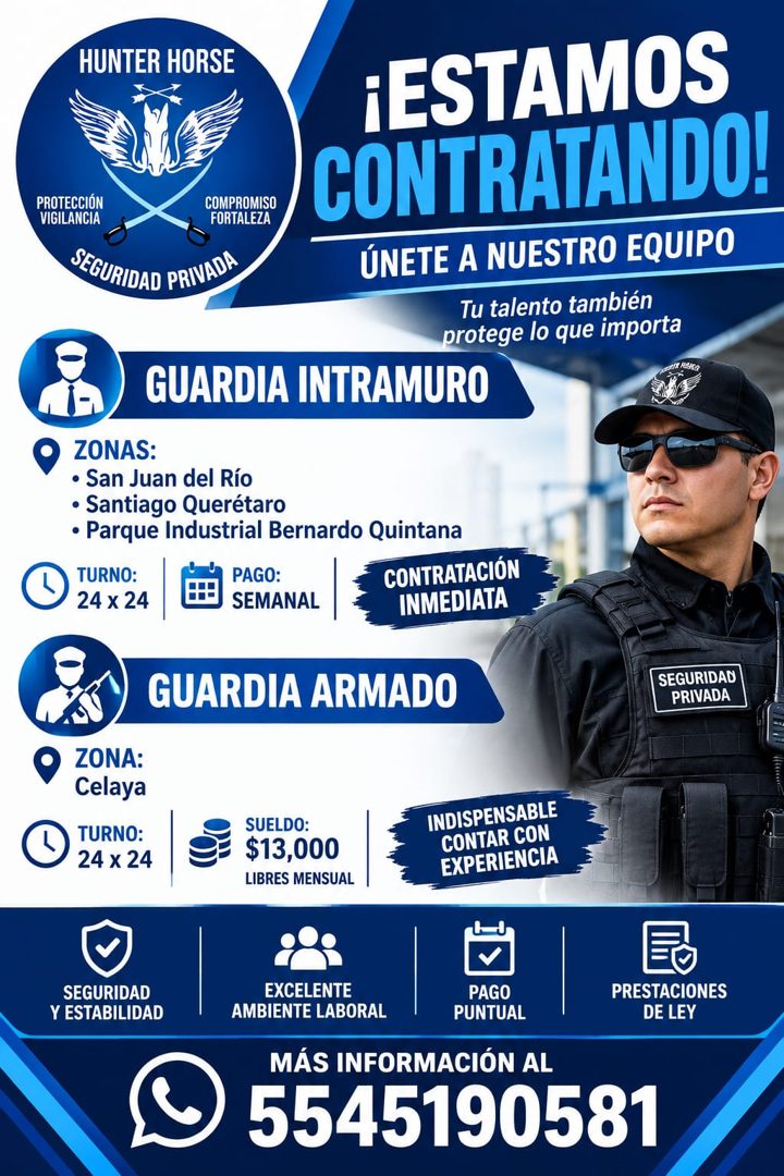 Banner del anuncio de la vacante: HUNTER HORSE · PROTECCIÓN · COMPROMISO · VIGILANCIA · FORTALEZA · SEGURIDAD PRIVADA · ¡ESTAMOS · CONTRATANDO! · ÚNETE A NUESTRO EQUIPO · Tu 