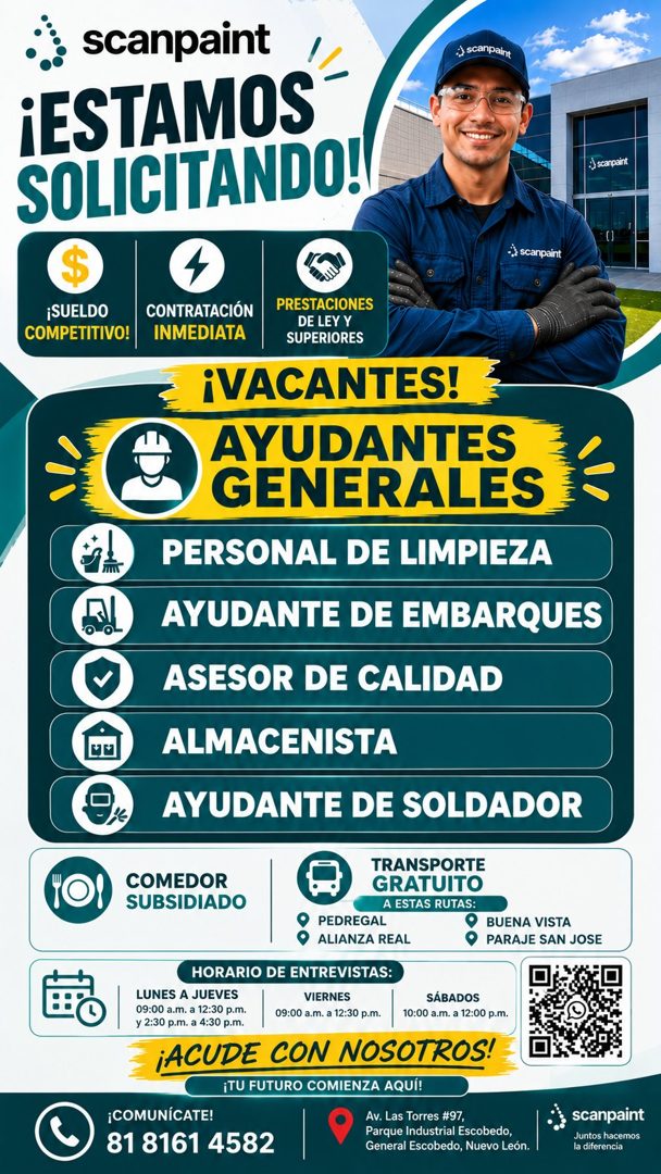 Banner del anuncio de la vacante: scanpaint · ¡ESTAMOS · SOLICITANDO!/ · ;) scanpaint · j scanpaint · 3 scanpaint · ¡SUELDO · COMPETITIVO! · CONTRATACIÓN · INMEDIATA · PRESTA