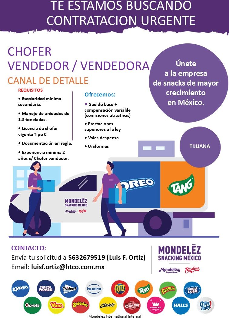 Banner del anuncio de la vacante: TE ESTAMOS BUSCANDO · CONTRATACION URGENTE · CHOFER · VENDEDOR / VENDEDORA · CANAL DE DETALLE · REQUISITOS · Ofrecemos: · • Escolaridad mini