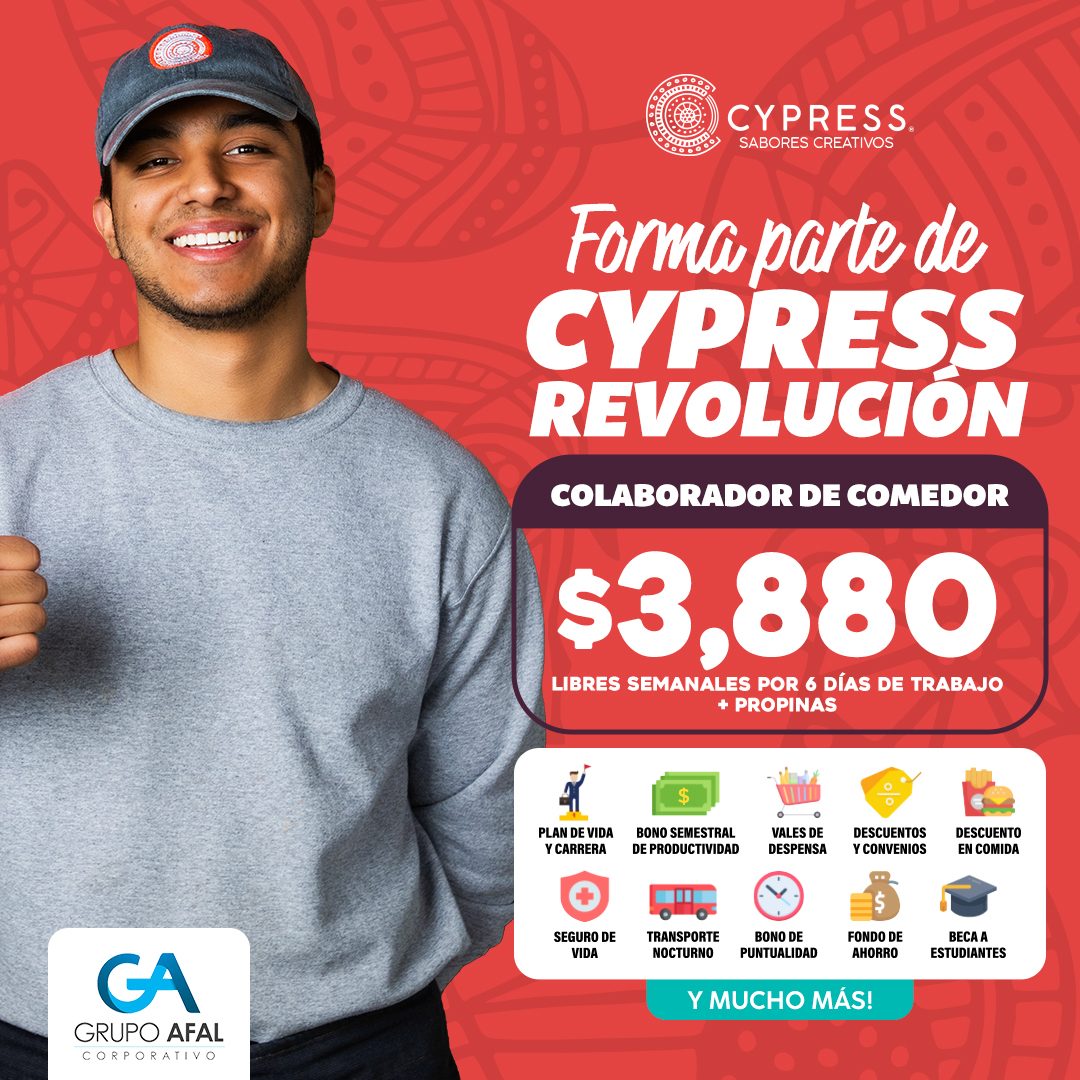 Banner del anuncio de la vacante: GA · GRUPO AFAL · CORPORATIVO · 00001 · CYPRESS. · SABORES CREATIVOS · Forma parte de · CYPRESS · REVOLUCION · COLABORADOR DE COMEDOR · $3,8