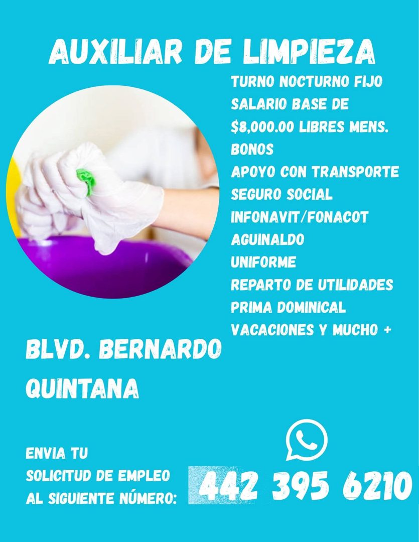 Banner del anuncio de la vacante: AUXILIAR DE LIMPIEZA · TURNO NOCTURNO FIJO · SALARIO BASE DE · $8,000.00 LIBRES MENS. · BONOS · APOYO CON TRANSPORTE · SEGURO SOCIAL · INFON