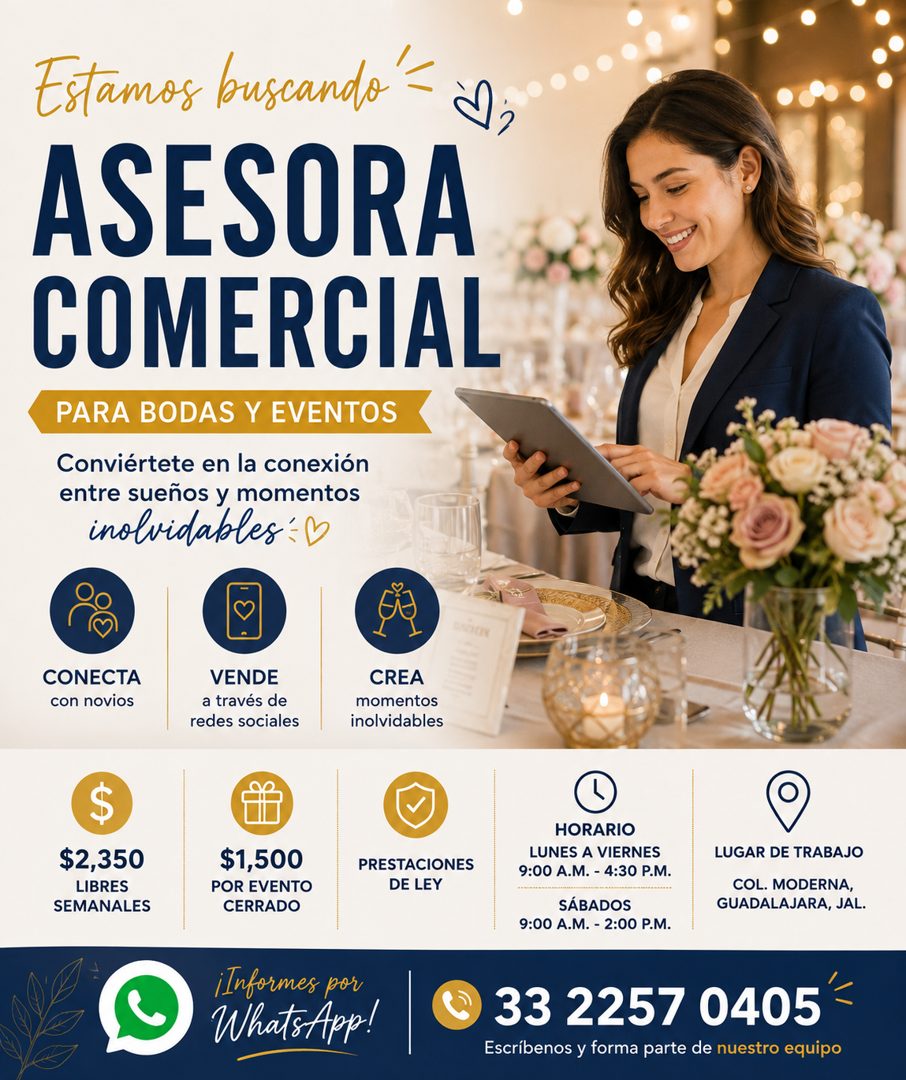 Banner del anuncio de la vacante: Estamos buscando · ASESORA · COMERCIAL · PARA BODAS Y EVENTOS · Conviértete en la conexión · entre sueños y momentos · inolvidables: · CONEC